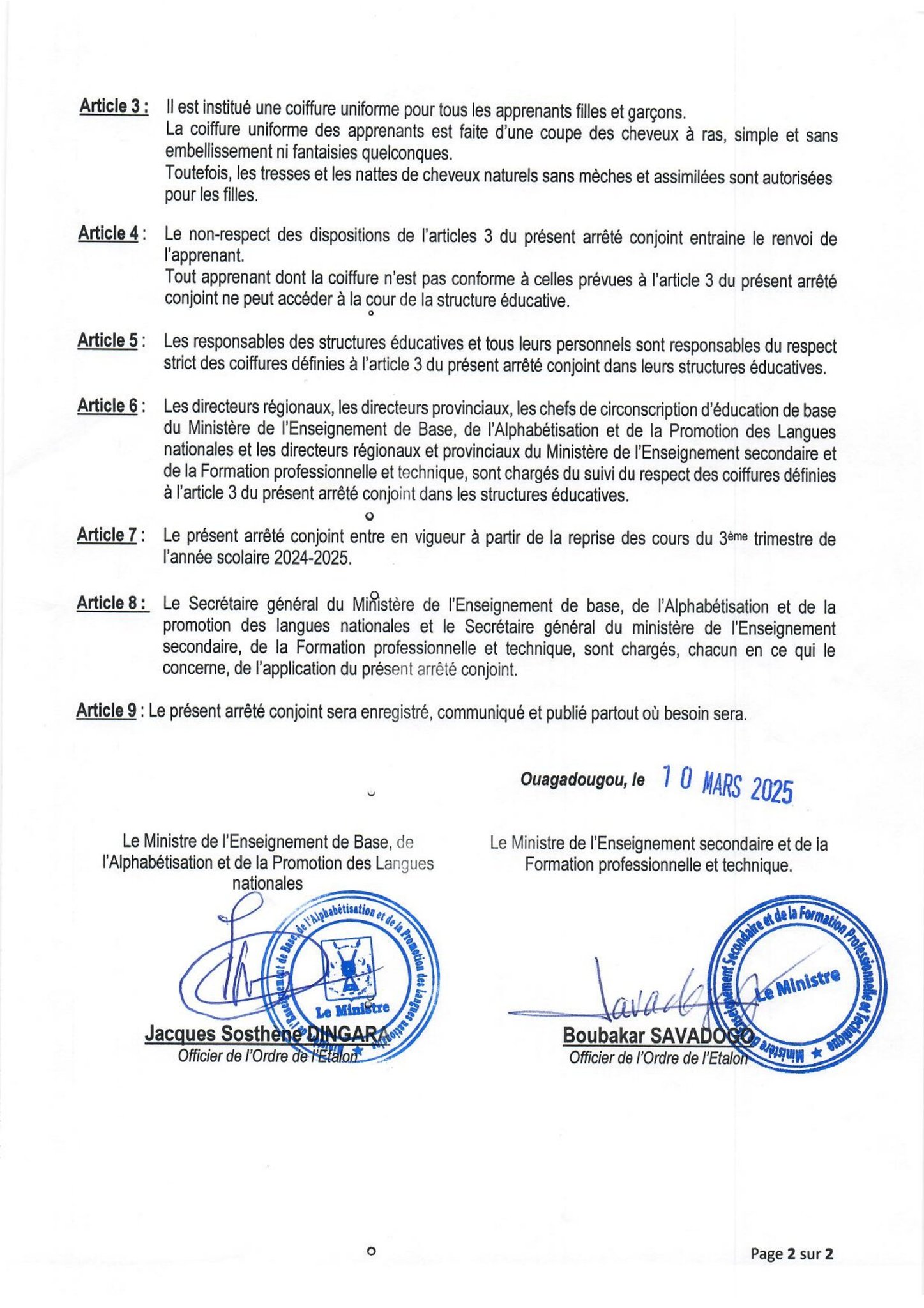 Arrêté conjoint portant réglementation de la coiffure dans les établissements scolaires